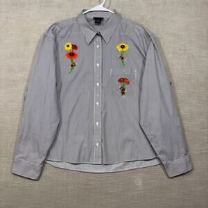 Las Olas Womens Floral Embellished Striped Button Top 1X Plus Artsy Statement